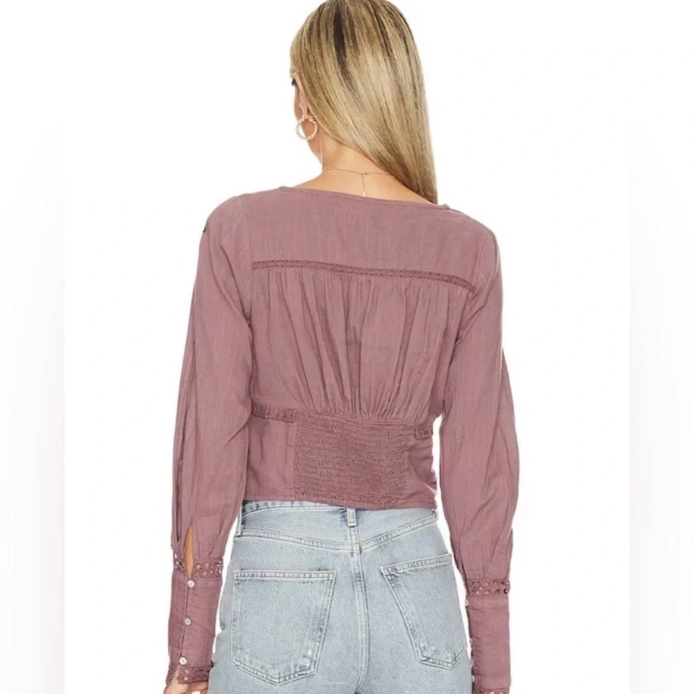 NEW Free People Joi Cropped Top Medium Eyelet Long Sleeve Peasant Boho Purple